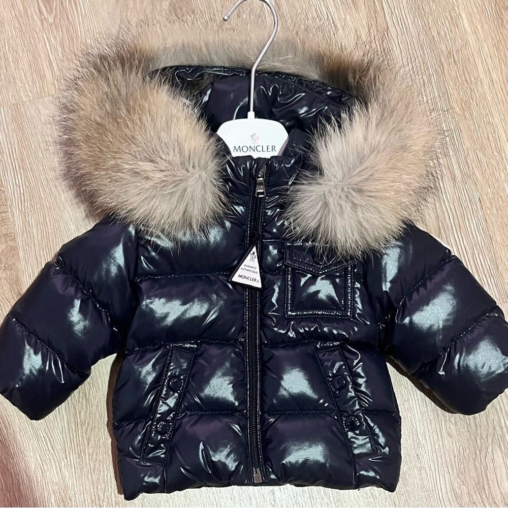 Moncler Kids Black Shiny Puffer Jacket with Fur Trim Hood